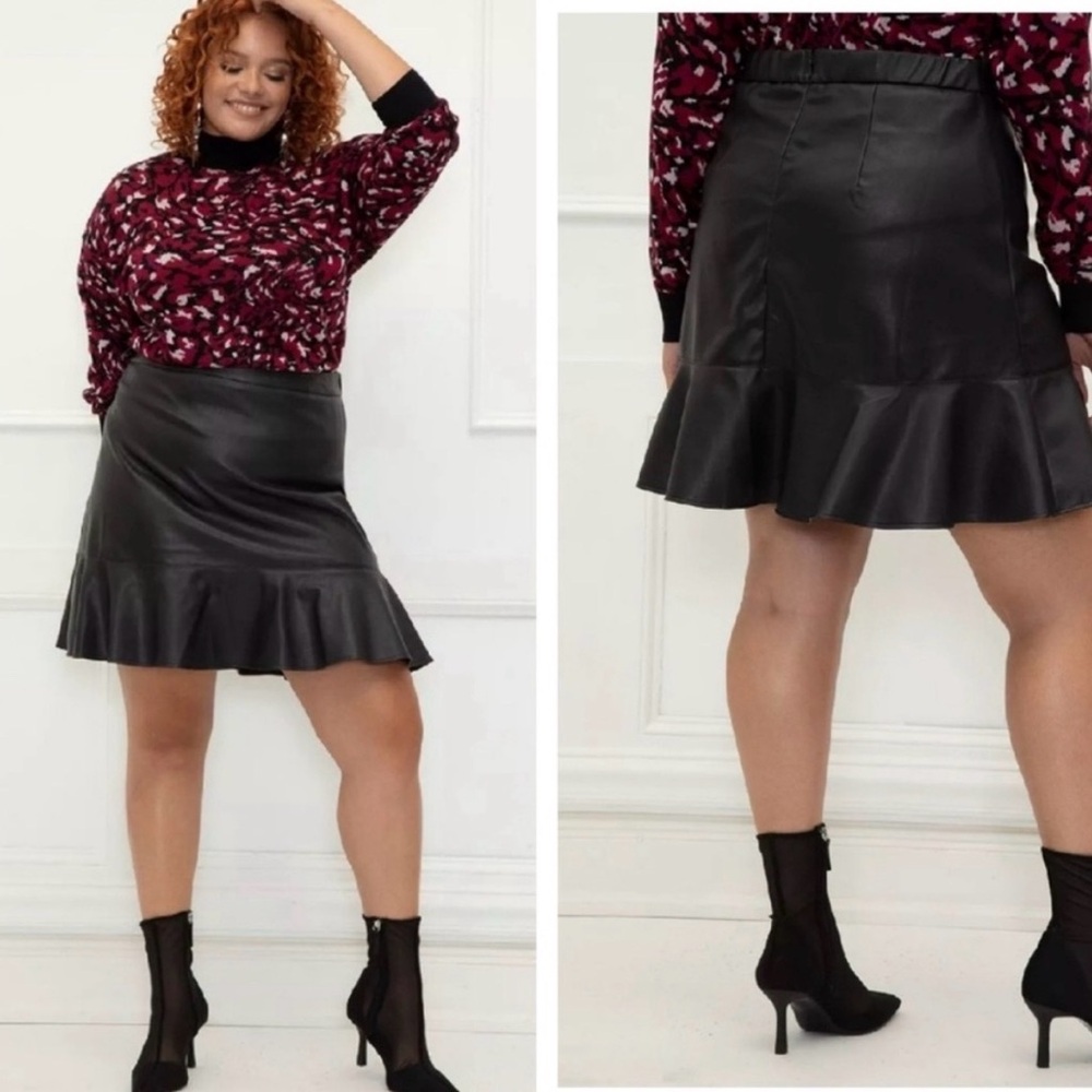 Eloquii Black Faux Leather Ruffle Skirt